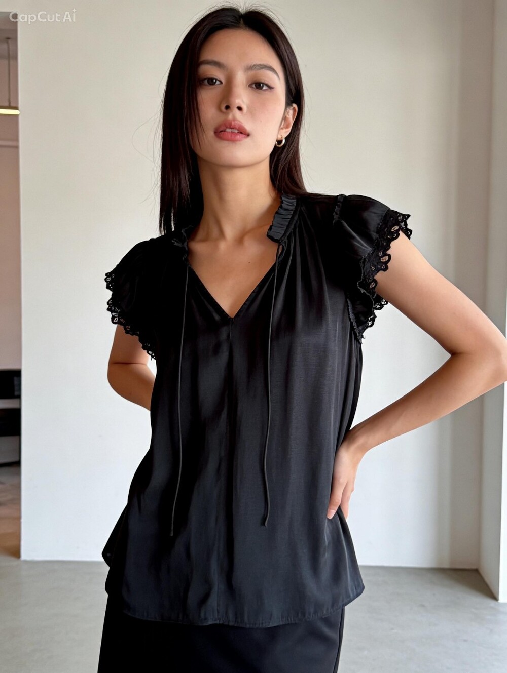 CATHERINE MALANDRINO Women's Top Blouse Satin Black Flutter Sleeve SMALL
